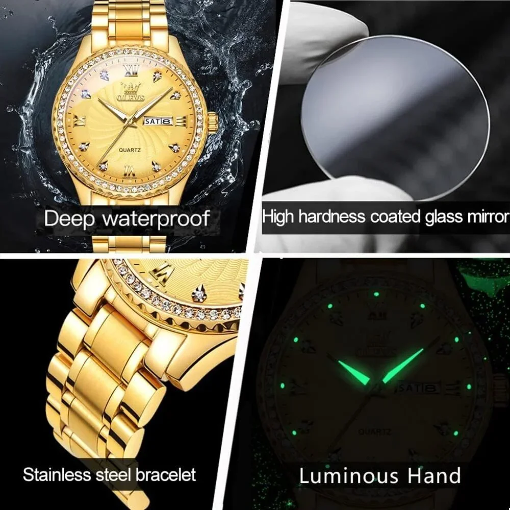 Olevs Men's Gold Steel Golden-Dial Waterproof Stainless Luminous Stylish Watch
